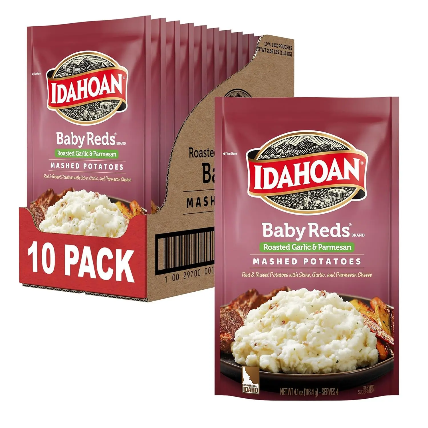 Idahoan Baby Reds Mashed Potatoes with Roasted Garlic & Parmesan, 4.1 oz (Pack of 10) – Instant Mashed Potatoes, Gluten-Free, 100% Real Idaho Potatoes, Easy Side Dish