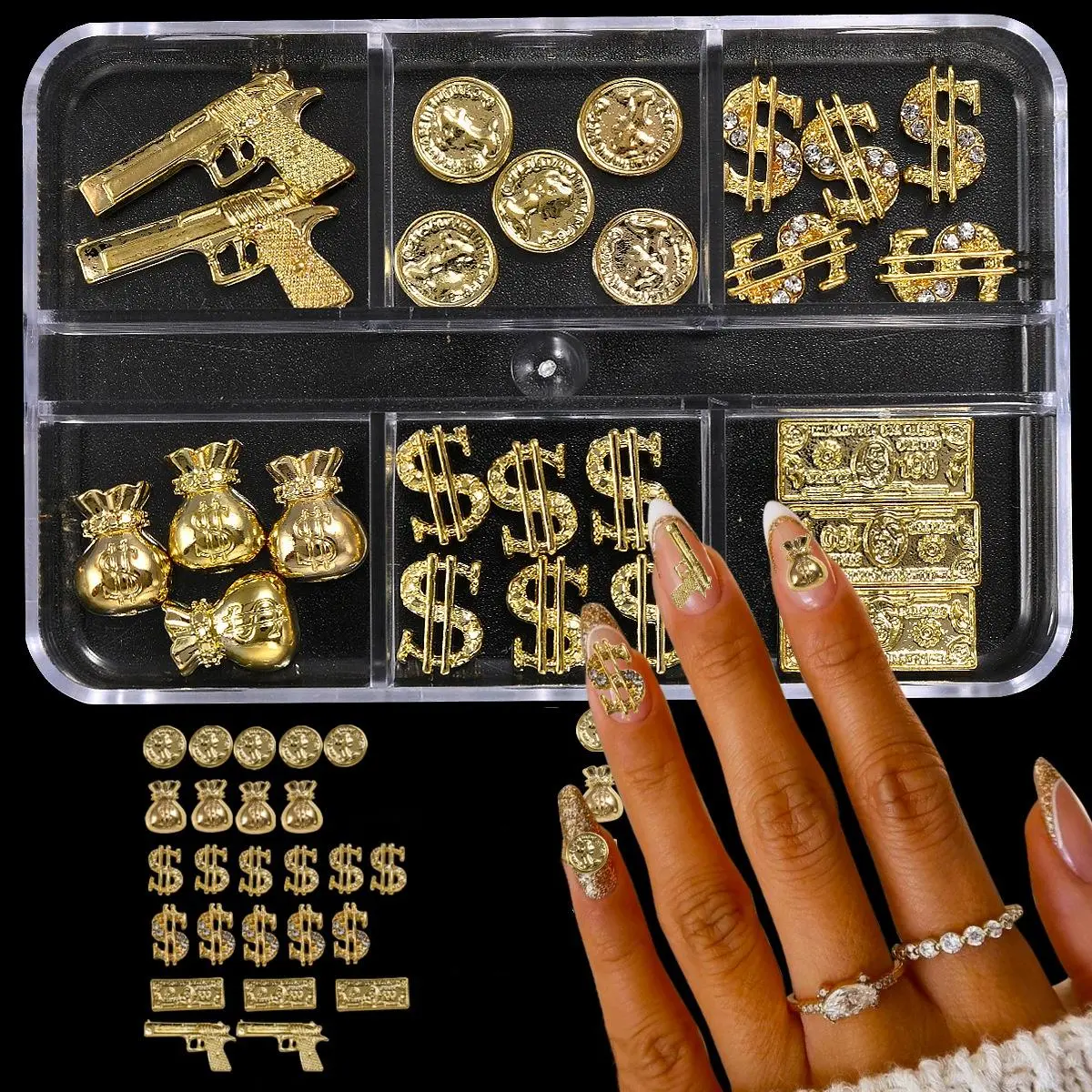 Money Bag Design Nail Art Decoration Nail Charms Nail Stickers, 25pcs/box 6-grid Box Alloy Nail Art Decoration, DIY Nail Art Accessories Diy Nails Art for Women & Girls Nail Kit