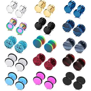 YADOCA 15 Pairs Mens Stud Earrings Set Stainless Steel Ear Piercing Faux Cheater Illusion Plugs Tunnel Flat Back Stud Earrings Fake Gauges Earrings for Men Women