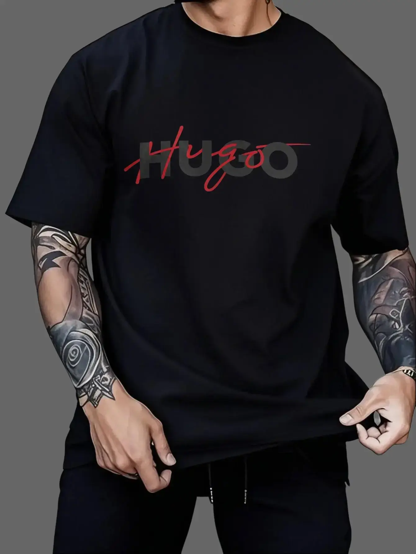 Men's black T-shirt with red printed logo, suitable for daily wear and urban style, suitable for men, women, mothers and friends, couple style, fashionable and loose, youthful and energetic Menswear Top Tshirt Streetwear Round Neck Crewneck Bestie