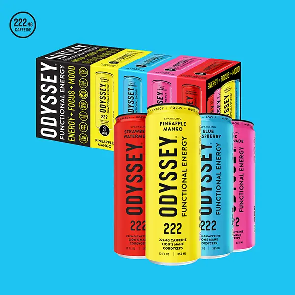 Odyssey 222 Functional Energy Drink 12-Pack - 222mg Caffeine, Cordyceps, Lion's Mane, Panax Ginseng - 0 Added Sugar - Cognition & Energy Booster - US Beverage Supplement Enhancer
