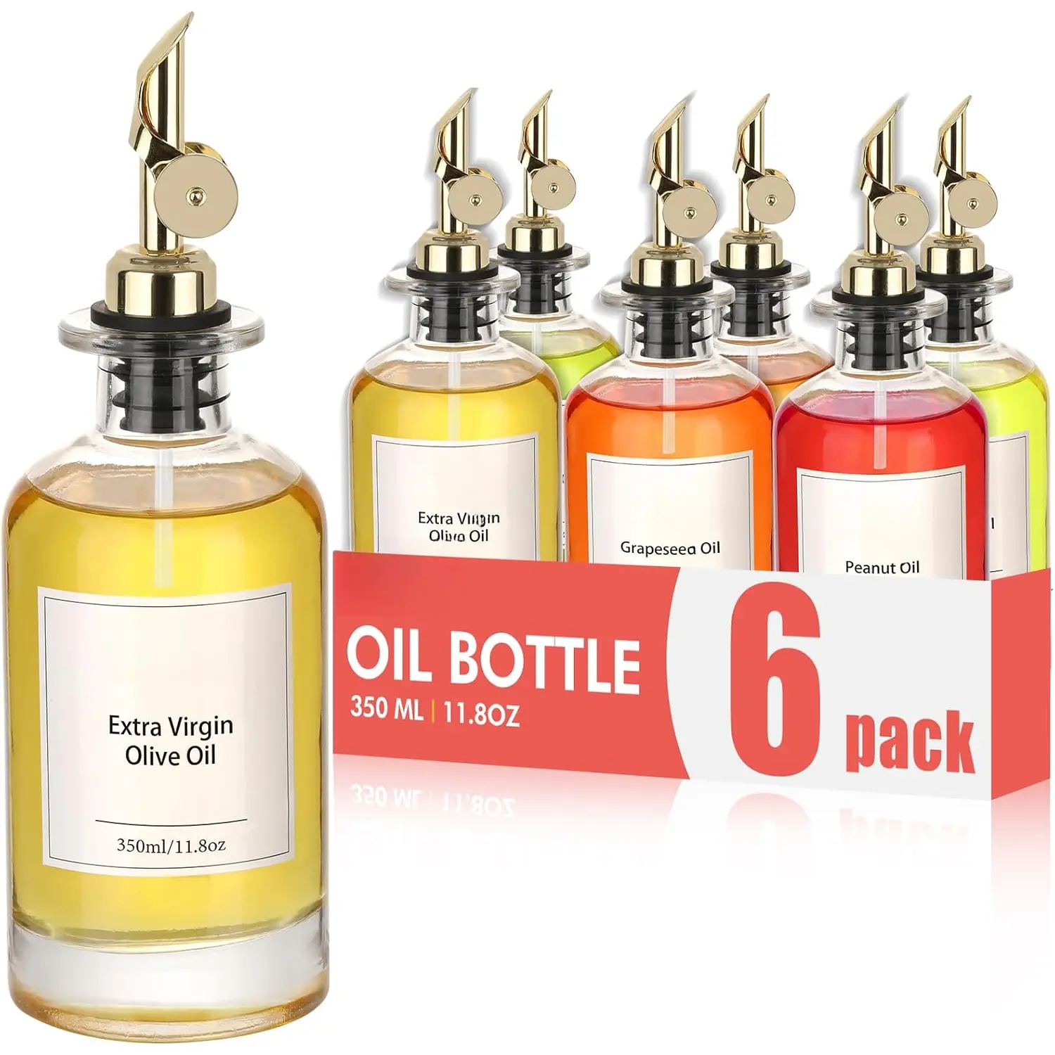 Olive Oil Dispenser Bottle for Kitchen, Glass Oil Bottle Set of 6, Coffee Syrup Dispenser,Glass Oil Container with Metal Pourer,Funnel,56  Labels