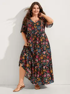BLOOMCHIC Plus Size Women's Casual Woven Rayon Garment Bohemian Maxi Dress -Flowy Long, Sleeve Design, Floral Pattern, Pocket Detail, Smooth Fit for Swimweek,Spotlight,Summer wins,Deals for you days,summeroutfits,vacationoutfits,beachoutfits