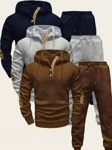 [6-piece set] New autumn and winter men’s casual suit set: long-sleeve hooded sweater paired with trousers, drawstring design, regular fit, machine washable, suitable for daily casual wear and outdoor sports. Hooded Velvet Casual Set Knitted Jacquard Men'