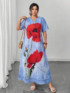 Plus Size Women's Floral V Neck a Line Dress, Fashion Loose Fit, Comfortable Skin-Friendly Fabric, Versatile for Various Occasions