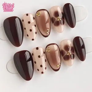 Mocha Dot Handmade Press-On Nails | Medium Almond Shape, 10pcs | Warm Mocha Brown Marble & Polka Dot Design | Dark Brown Color Block & Gold Bead Accents | Reusable DIY Nail Kit for Women | Trendy Nails for Spring, Summer, Travel & Daily Wear | Elegant Ret