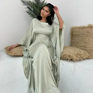 Satin Butterfly Robe Inner Belt Muslim Women’s Long Summer Dress, Dubai Turkish Islamic Clothing for Ramadan & Eid, Maxi Outfit
