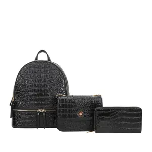 Women’s  Crocodile Pattern Backpack and Wallet Set - PU Leather Travel Daypack with Multiple Pockets, Large Capacity Fashion Shoulder Bag for Work, School, and Daily Use