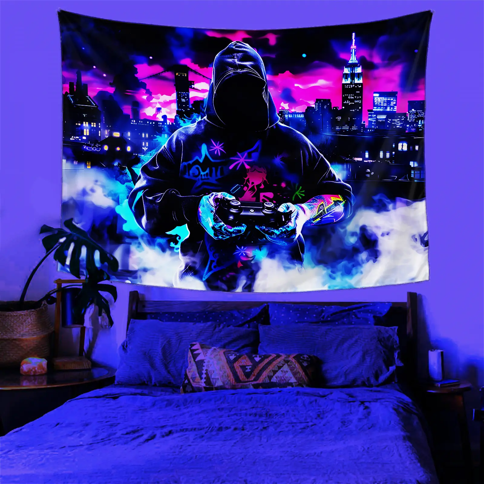 UV Reactive Wall Hanging for Bedroom, Mysterious Man Game Controller Background Black Light Poster for Future City, Suitable for Adults and Teenagers, Dormitory, Living Room