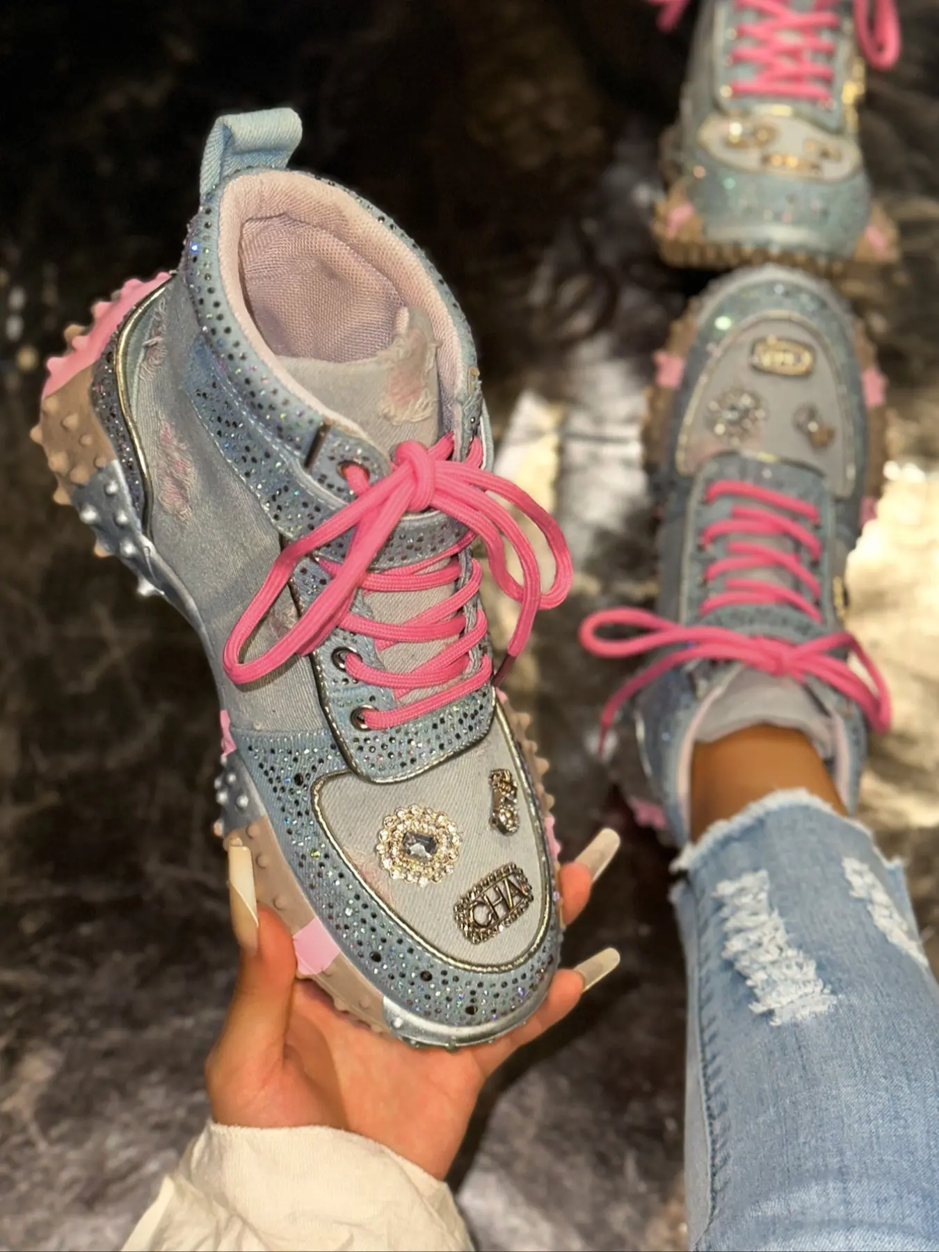 Women's High-Top Casual Trainer Shoes, Sneaker, Rhinestone Embellished Sneakers, Walking Shoes, Sparkling Accessories with Rhinestones, Fashionable Design for Daily Wear, All Seasons, Glitter Design Sneakers, Trendy Sneakers