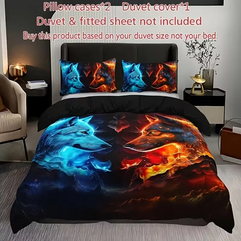 3-Piece Down Comforter Set, Wolf Print Design, Includes 1 Quilt Cover & 2 Pillowcases (coreless), Cozy Bedding for Warm Nights, Bedroom Bedding Set, Printed Bedding Set, Comfy Bedding Set, Bed Sets