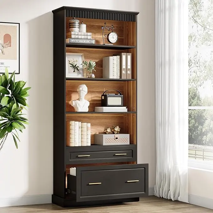 Tribesigns 5-Shelf Bookcase with File Cabinet Drawer, 72" Tall Bookshelf, Modern Free-Standing Wood Bookcase, Large Open Display Storage Book Shelf for Living Room Furniture