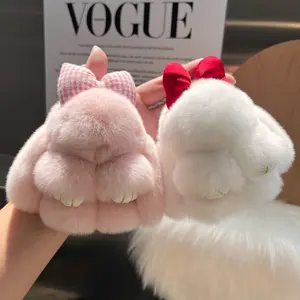 Cute Artificial Fur Rex Rabbit Bowknot Keychain Pendant Plush Doll Backpack Decoration High-Quality Fresh & Cute Animal Motif Trending Accessory