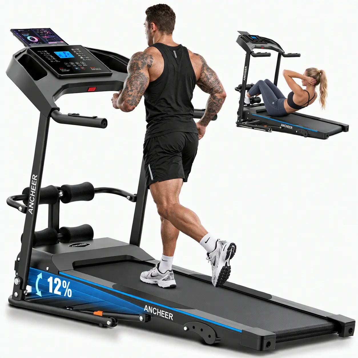 ANCHEER 3.5HP Smart Foldable Treadmill - Home Workout Machine, House Running Machine, Portable Foldable Treadmills, At Home Gym Equipment, Multifunctional Walking Pad with Incline, Sit-Up Bench, Body Fat Scan, Heart Rate Sensor, 350 LB Capacity