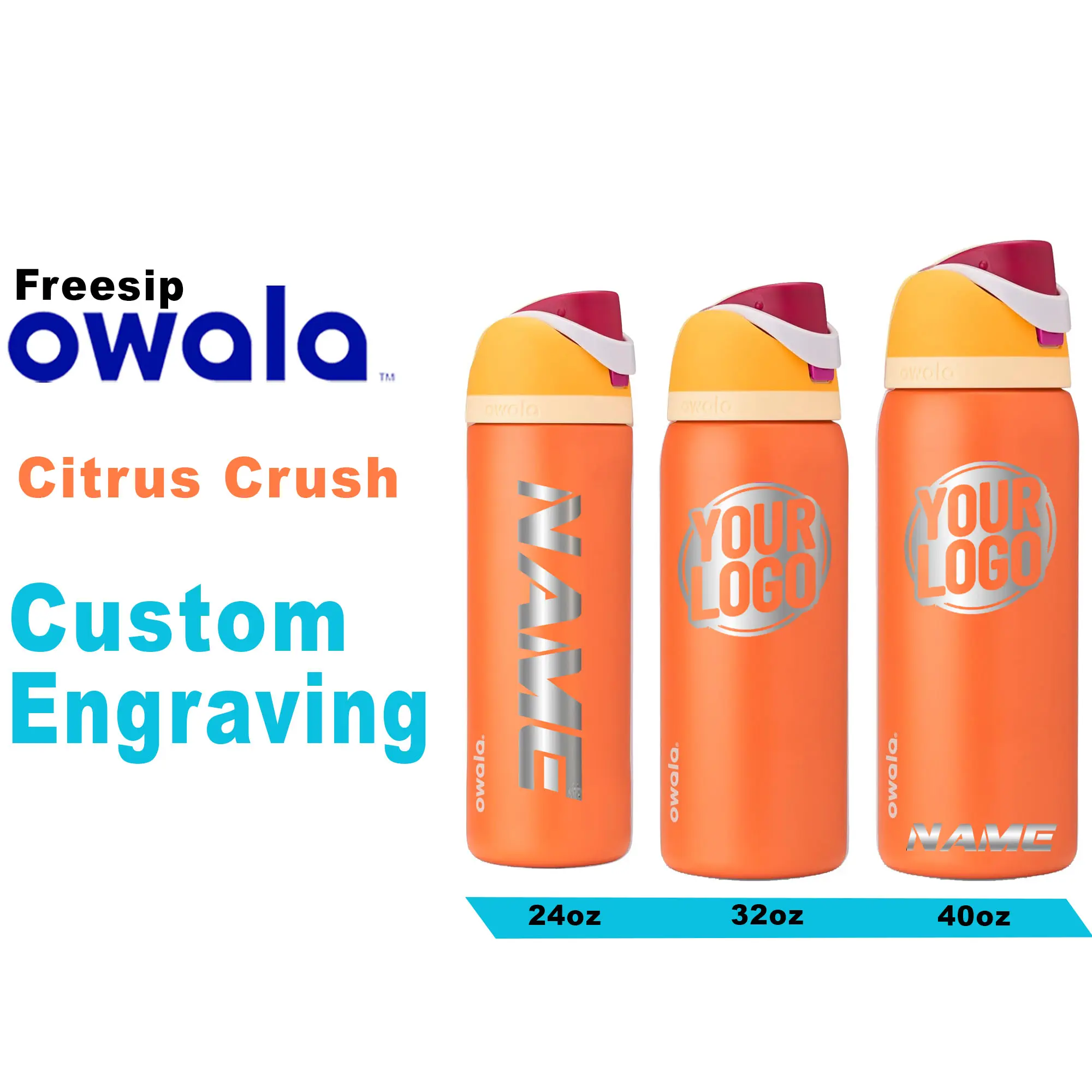 Owala Citrus Crush Color Insulated Water Bottles, Personalized Stainless Steel Water Bottle, Laser Engraved Custom Water Bottle with Straw.
