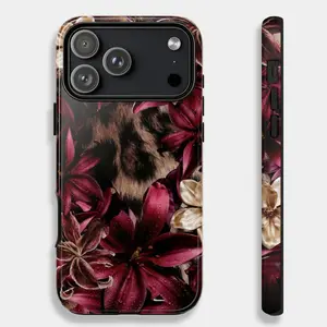 Floral Phone Case Leopard Burgundy Bloom Lily Cover for iPhone 17 16 15 14 13 12,Leopard Floral Phone Case, Pink Lily Tough Case Vintage Animal Print Aesthetic Cover