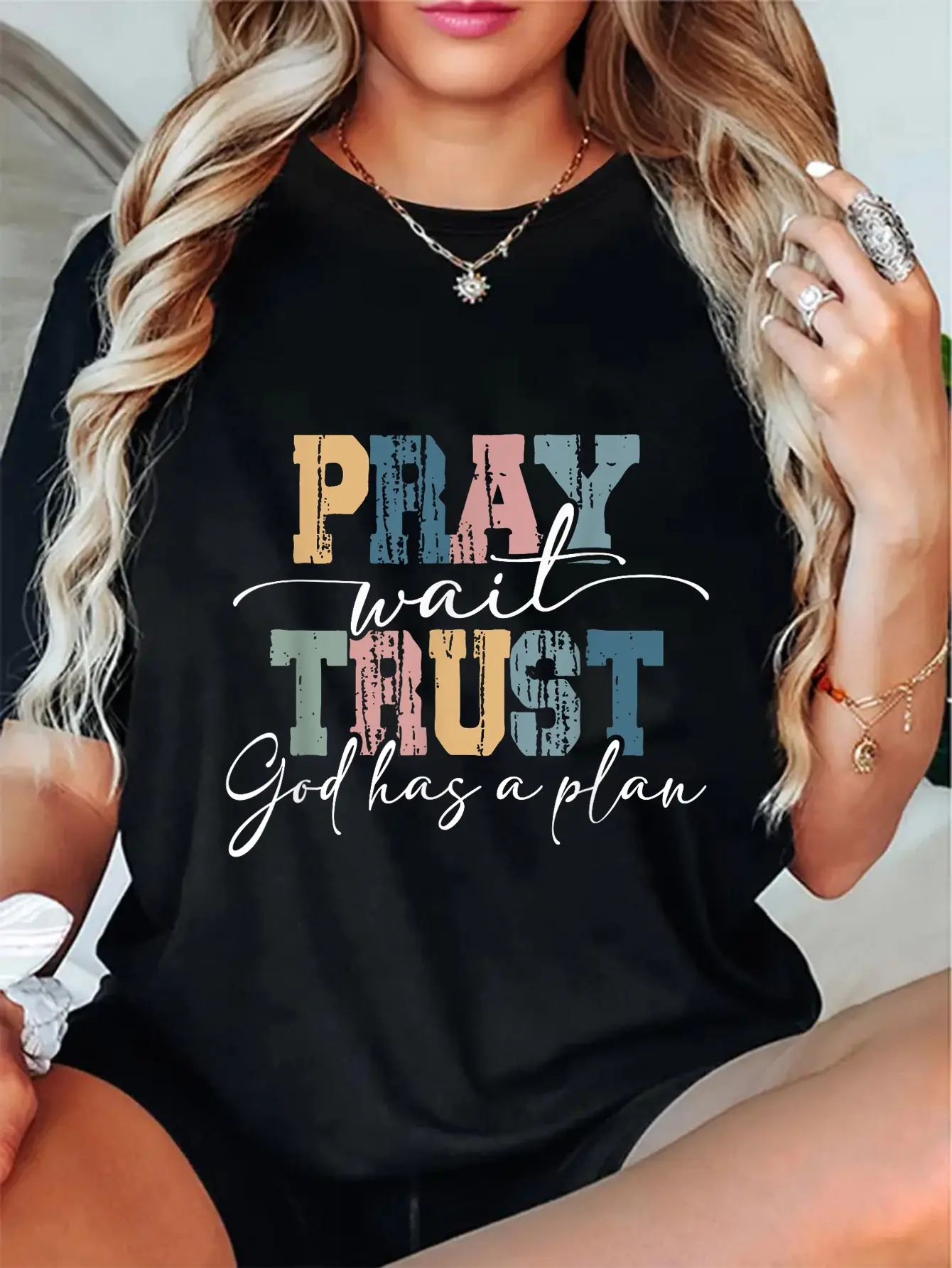 100% Cotton Unisex Pray Wait Trust, God Has A Plan Bible Christian Verse T-Shirt Christ Christian Tops