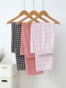 Women's 3 Pack Long Sleep Pants, Spring & Summer Wearable, Houndstooth Stripe Plaid Print, Healing Relaxed Style, Cozy Home Loungewear, Casual Nightwear, Womenswear, Homewear