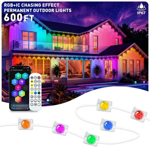 RGB IC Permanent Outdoor  Lights - RGB IC,IP67 Waterproof with Smart App Control Remote, DIY Scene Modes, Music Synchronization, Eaves Lights for Garden Decor, Deck, Christmas, Party, Party, Halloween,Roof