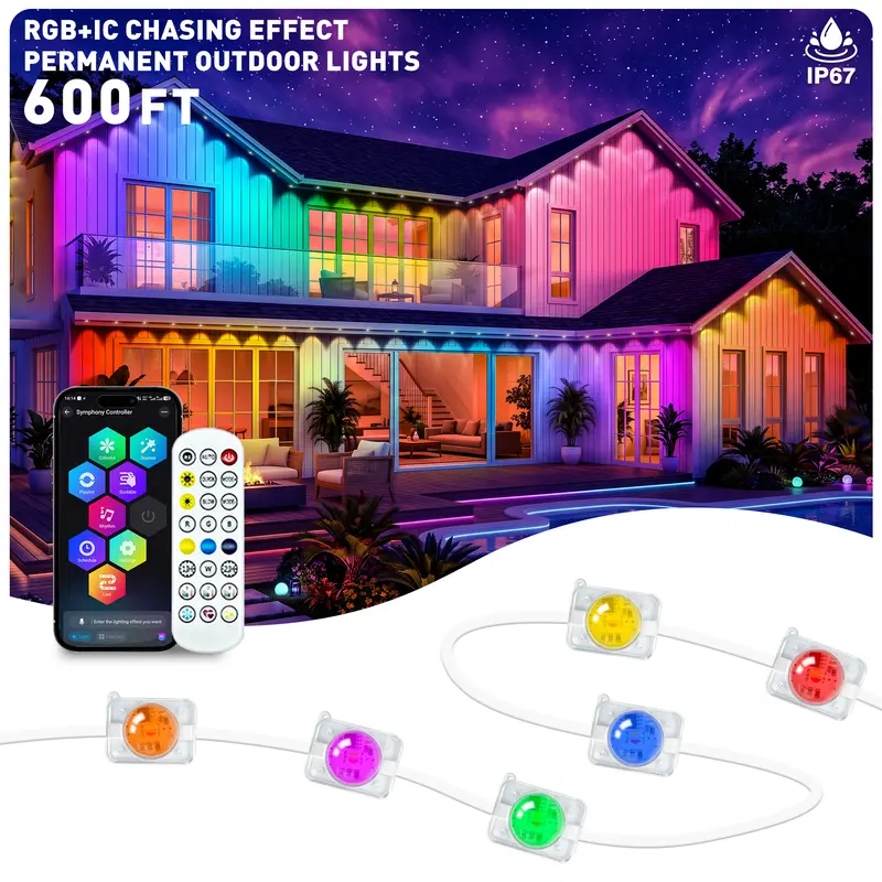 RGB IC Permanent Outdoor Lights - RGB IC,IP67 Waterproof with Smart App Control Remote, DIY Scene Modes, Music Synchronization, Eaves Lights for Garden Decor, Deck, Christmas, Party, Party, Halloween,Roof