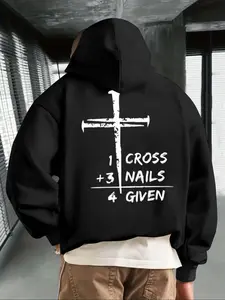 Men's Letter Print Hooded Sweatshirt, Casual Fitted Thick Fabric Pullover, Fall & Winter Outdoor Wear, Unisex Fashion Top, Cross Print Hoodie, Heavyweight Streetwear Sweatshirts