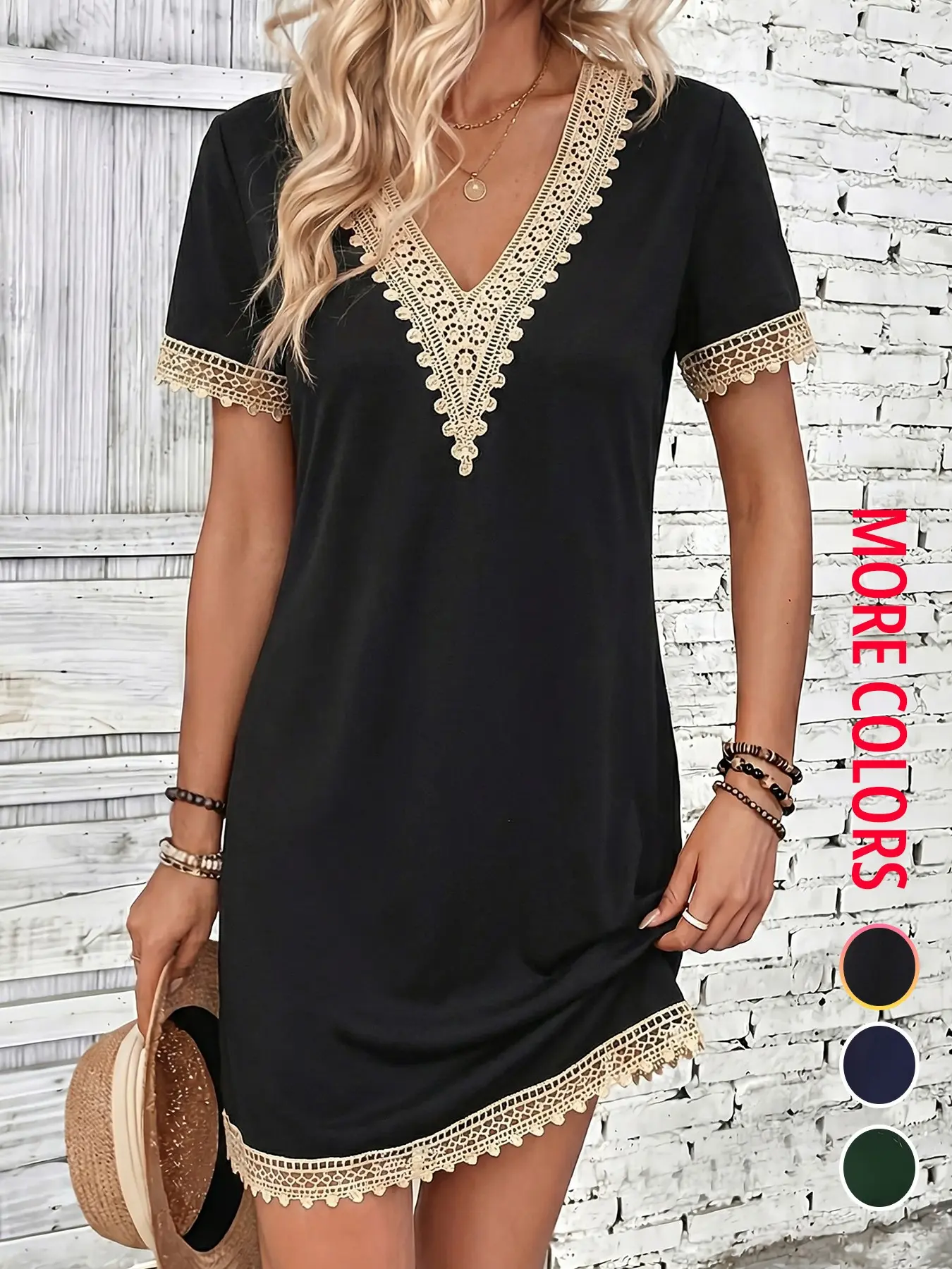 Women's Boho-Style Lace-Trim V-Neck Dress, Casual Wear, Perfect for Beach Vacations, Daily Dates and Casual Summer Gatherings, Boho Style Dresses