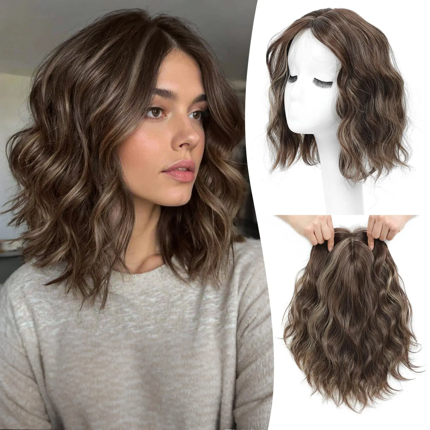 Ms Taj 11 Inch Short Wavy Hair Topper for Women with Thinning Hair, Synthetic Lightweight Breathable Hairpiece with 6.5"x6.5" Base, Instantly Adds Volume and Coverage