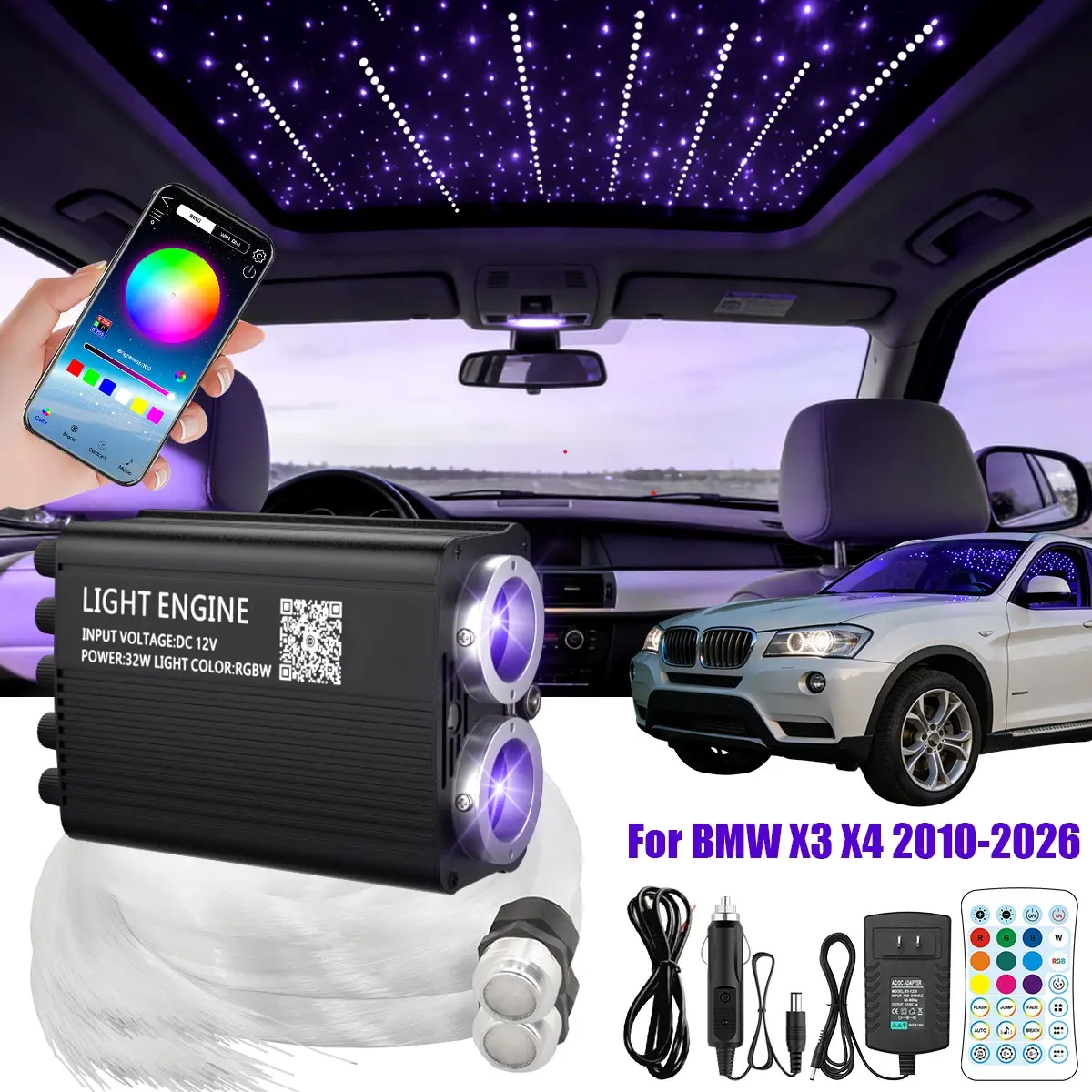 Starlight Headliner Kit for BMW X3, X4 & Full Series, 300-1200pcs Fiber Optic Roof Light with Steady/Twinkle/Meteor Modes, 16W/32W APP Remote, Summer Road Trip Essential, 2-Year Warranty
