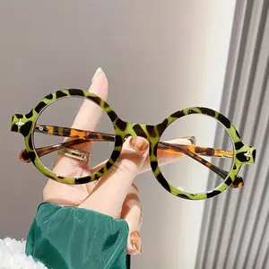 Y2K Bohemian style round frame glasses - Retro tortoiseshell green floral decoration, metal hinge, durable PC material, unisex fullframe flat lenses, with a decoration box, suitable for casual and formal wear Leopard Pattern Eyeglasses Trendy Frames