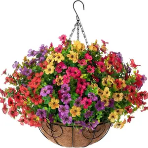 Artificial Hanging Floral Basket, Decorative Flower Basket with 12 Realistic Daisies & Eucalyptus Leaves, Outdoor Indoor Decor for Porch Patio Balcony Yard, Artificial Flowers