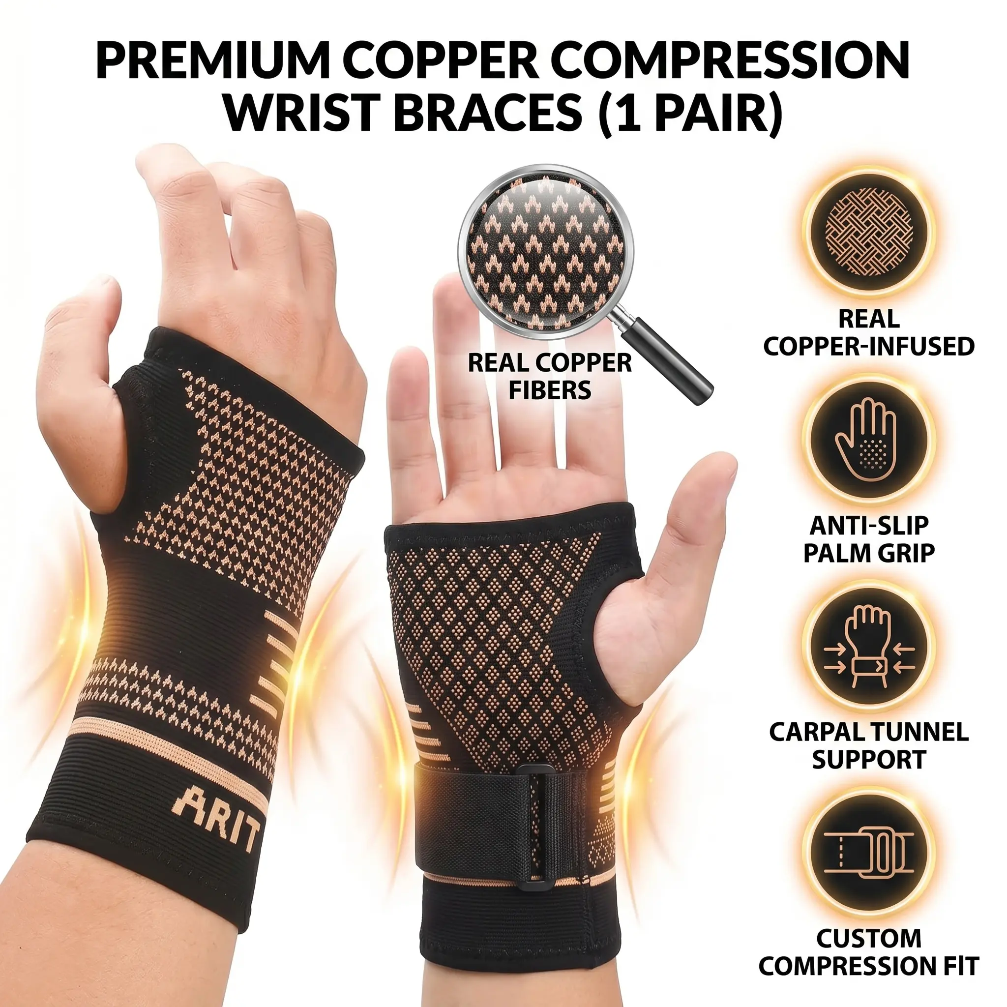 HOXEZU 1 Pair Copper-Infused Wrist Braces,Wrist Compression Sleeve, Wrist Brace For Women, Wrist Protector, Wrist Supports, Wrist Brace For Men, Wrist Splint, Wrist Bandage, Wrist Splint For Carpal Tunnel, Wrist Wraps