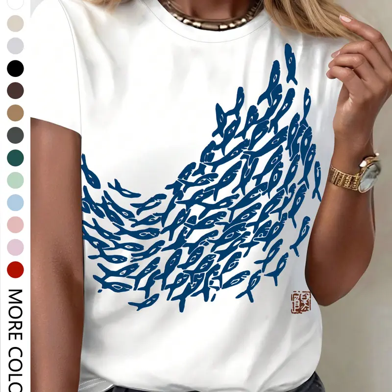 Women's Fish Print Animal Round Neck Tee, Casual Short Sleeve Crew Neck T-Shirt Graphic Tees Women for Daily Wear, Summer, Ladies Sleepwear for All Seasons, Top, Womenswear
