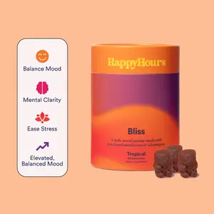 HappyHours Bliss Tropical Gummies - 60 Count - Orange & Passionfruit Flavor - Balance Mood, Mental Clarity, Ease Stress - Functional Mushrooms & Adaptogens