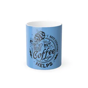 I Hate Everyone  Color Morphing Mug  The heat-reactive surface reveals your custom designs once the mug gets warm. The ceramic cup will go back to its original black outside and white inside when it cools down. It comes in one size – 11oz (0.33l)