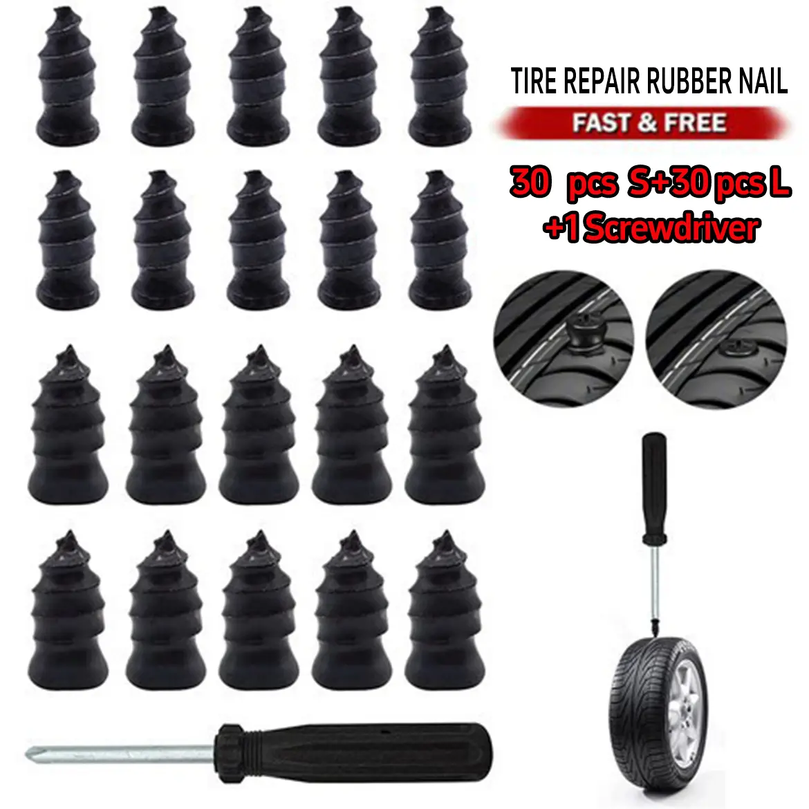 30PCS / 60PCS 2-Size Tire Repair Screws Plug Kit with 1 Screwdriver, Self-service Tire Repair Vacuum Rubber Nails for Car/Motorcycle/Truck/Tractor, Fast Puncture Repair Supplies