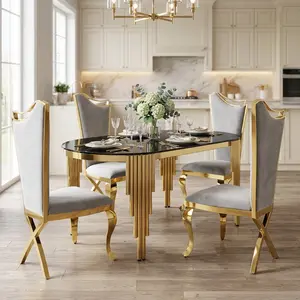 Luxury Black Oval Dining Table for 6 Elegant Large Modern Kitchen Table with Tempered Glass Tabletop and Gold Stainless Steel Legs for Dining Room Kitchen Office Easy Assembly and Clean (Only Included Table)