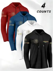 Men's Vintage Print Hooded Long Sleeve T-Shirt 4 Pack, Mexican Emblem Pattern, Lightweight Polyester Fabric, Spring Summer Fall Outdoor Sports Wear, Athletic Workout Clothing
