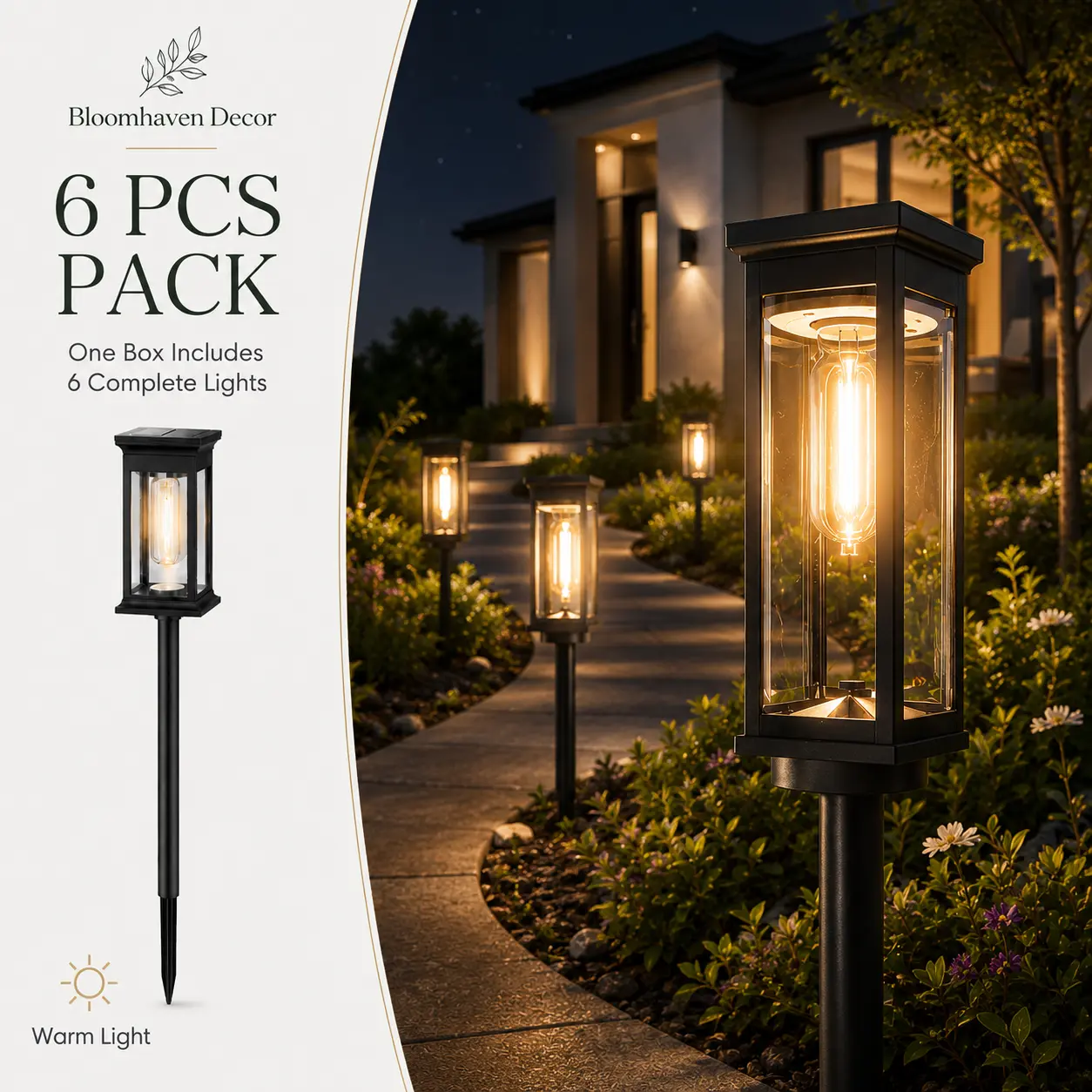 6-Pack Waterproof Solar Pathway Garden Stake Lights, Warm White for Outdoor Walkway, Patio