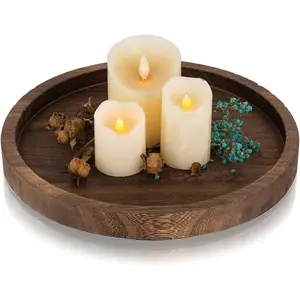 Wooden Decorative Tray Candle Holder:  Round  Tray  Decor, Small Rustic Trays for Coffee Table, Ottoman, Table Centerpieces for Dining Room, Living Room, Farmhouse Kitchen