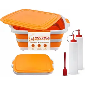Collapsible BBQ Prep Tub, Meal Prep, Marinating  Container, W/ Board, Multi-Function Grill  W/Colander & Lid, 8L Tub With/2 Squeeze Bottles1  Brush for Picnic- Camping-