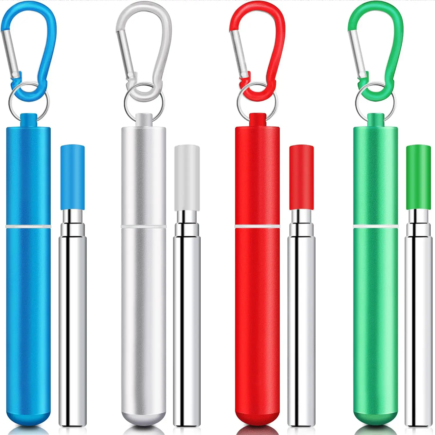 Telescopic Reusable Straws 4-Pack - Eco-Friendly Collapsible Stainless Steel with Adjustable Length, Soft Silicone Tips, Aluminum Case, Cleaning Brush, Keychains (Silver, Blue, Red, Green) for Work, Outdoor Activities, Everyday Use, Birthdays