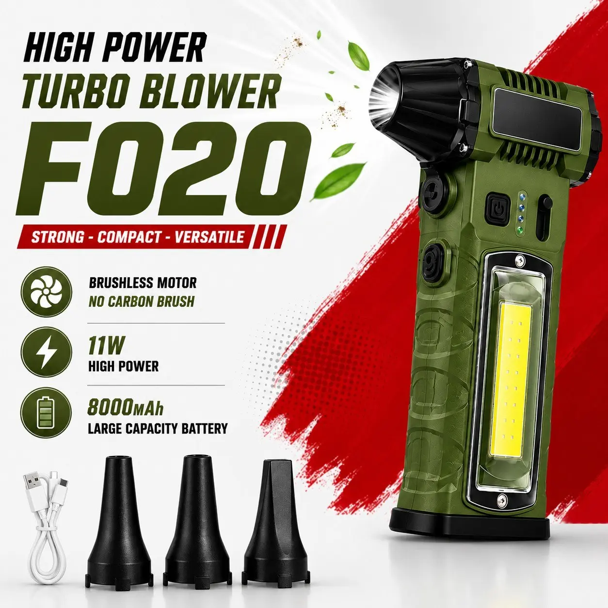 Cordless Jet Blower Air Duster, High Power Turbo Fan with 8000mAh Battery, Brushless Motor, LED Light, Portable Electric Air Blower for Car Cleaning, PC Keyboard Dust Removal & Outdoor Use