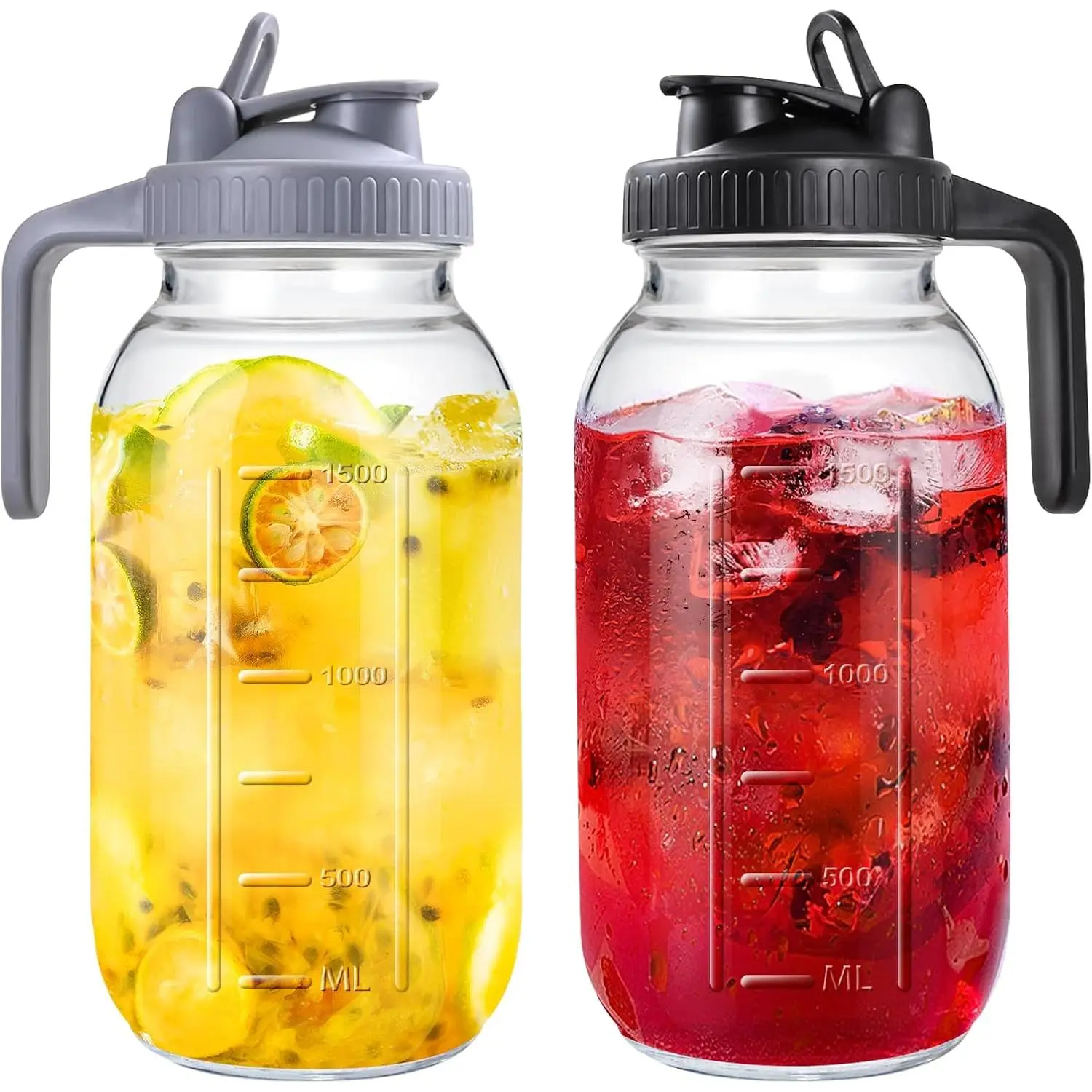Mason Jar Pitcher, 64 OZ 2 Pack Glass Pitcher with Lid Double Leak-proof with Handle Water Jug Wide Mouth Breast Milk Pitcher Fridge Container for Water, Juice, Iced Coffee, , Juice - Black+Grey