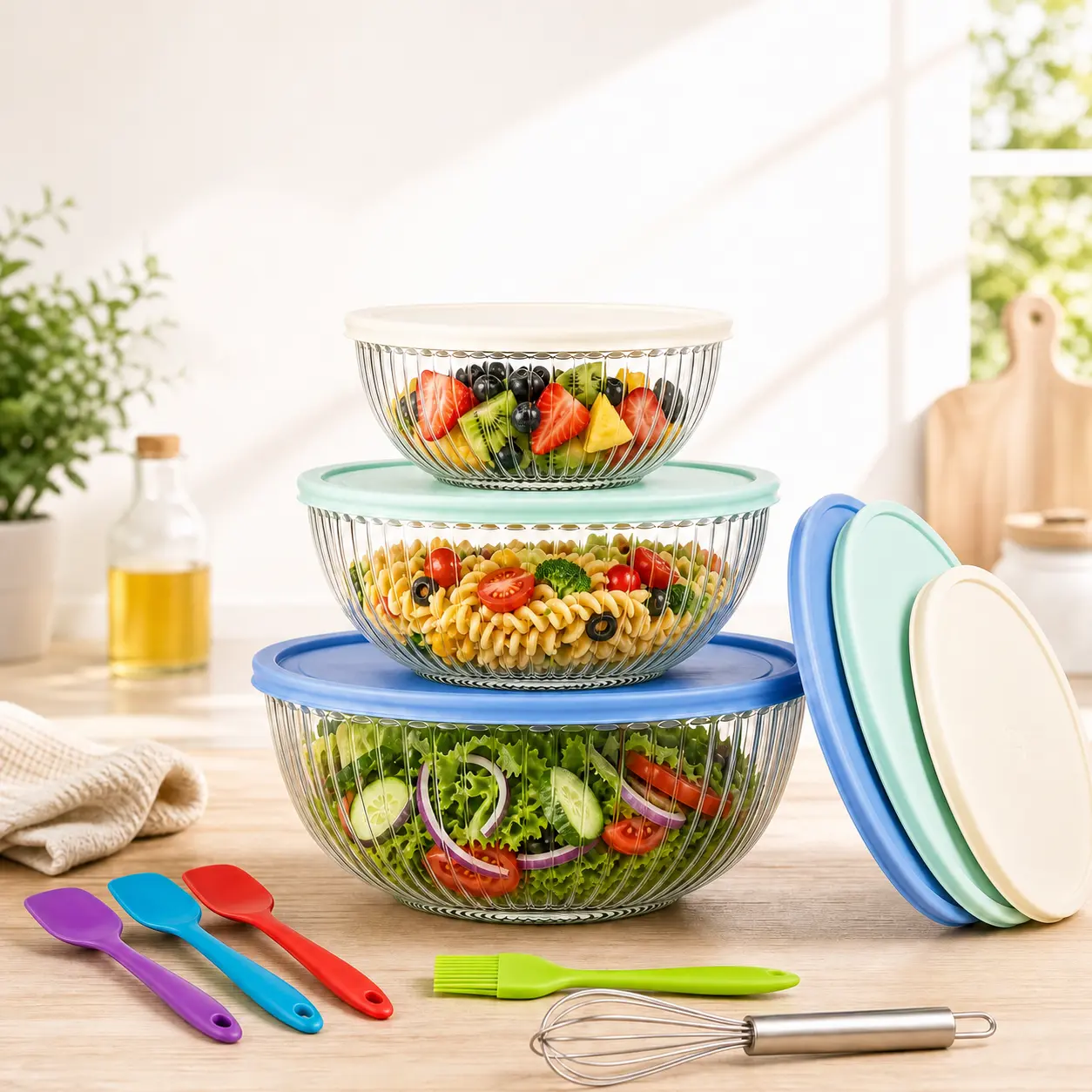 3-Piece Glass Mixing Bowl Set with Lids, Ribbed Clear Glass Bowls in 3 Sizes, Includes 5 Kitchen Tools for Salad, Baking, Cooking, Serving and Food Storage