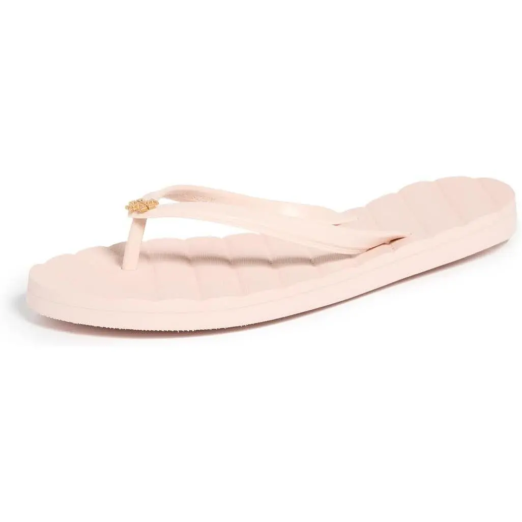 Tory Burch Women's Kira Quilted Flat Classic Sandals - Backless Slip-On Footwear, Meadowsweet/Gold/Pink Colorway, Style 144262-652, Bitty Logo, Rubber Sole