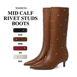 CYNLLIO Knee High Boots Women Pointed Toe Kitten Heel Tall Boot with Rivets Studs Pull On Mid Calf Boots for Festival Party Deals For You Days