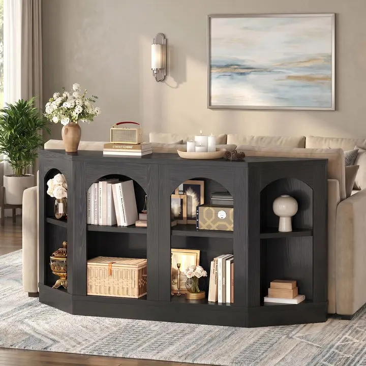 SIKAIC 63" Sturdy Black Traditional Farmhouse Arched Console Table with Shelves, Space-Saving Indoor Living Room Sideboard Cabinet Book Stand Furniture