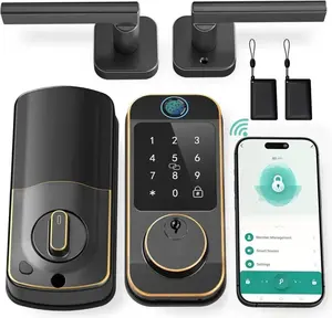 WiFi Door Lock Handle Set Fingerprint Smart Locks for Front Door, Keypad Deadbolt Bluetooth Digital Lock Set Work with Alexa, App Remote Control, Auto Lock for Home