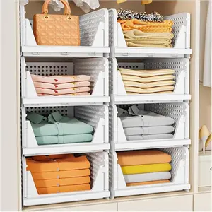 Stackable Closet Storage Baskets 5 Pack, Foldable Organizer Drawers for Clothes, Wardrobe Kitchen Bathroom Laundry Room Storage, Space Saving White
