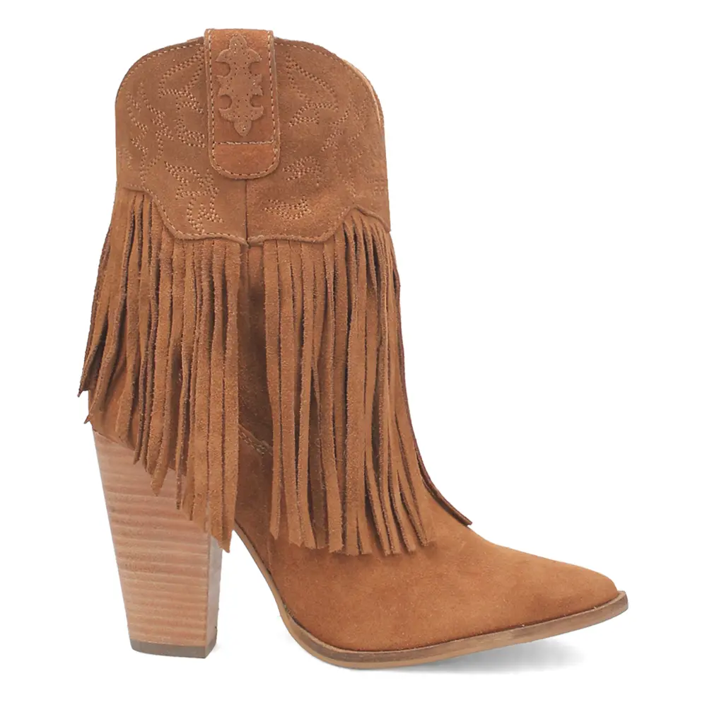 Dingo Womens Crazy Train Fringe Embroidered Snip Toe  Casual Boots Ankle High Heel 3" & Up - Brown
